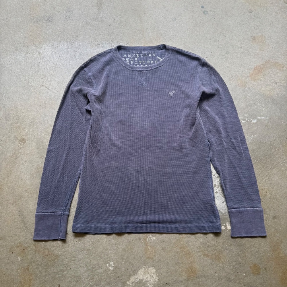 American Eagle Men Blue Gray Waffle Knit Thermal Long Sleeve Shirt Vintage Fit M